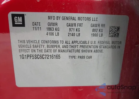 2012 Chevrolet Cruze 1Lt from USA, damaged, VIN 1G1PF5SC6C7216165